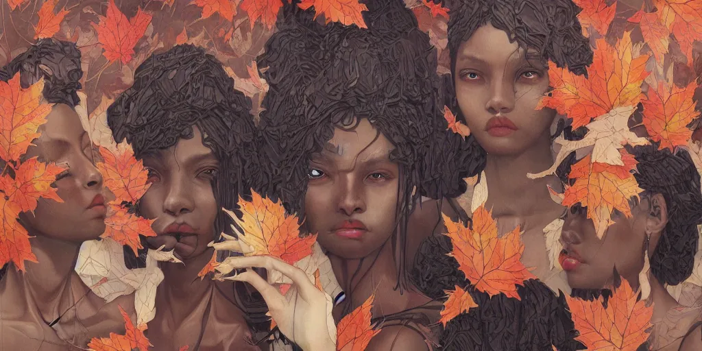 Image similar to breathtaking detailed concept art painting pattern of black faces goddesses amalgamation autumn leaves with anxious piercing eyes, by hsiao - ron cheng and james jean, bizarre compositions, exquisite detail, extremely moody lighting, 8 k