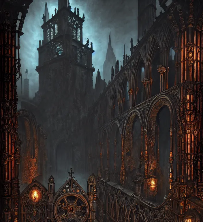 Image similar to steam necropolis, memento mori, gothic, neo - gothic, art nouveau, hyperdetailed copper patina medieval icon, stefan morrell, philippe druillet, ralph mcquarrie, concept art, steampunk, unreal engine, detailed intricate environment, octane render, moody atmospherics, volumetric lighting, ultrasharp, ominous, otherworldly