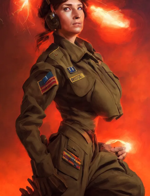 Image similar to a brown - haired woman in a military uniform hovering in the air glowing with red light and crackling energy, by frank fazetta and peter mohrbacher, trending on artstation, digital art, 4 k resolution, detailed, high quality, sharp focus, hq artwork, coherent, insane detail, concept art, character concept, character full body portrait