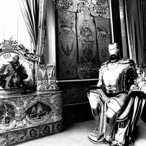 Image similar to ivan the terrible in his palace in moscow talks with iron man, kodak, old photo, black and white, film, wide lens, 1 6 mm,