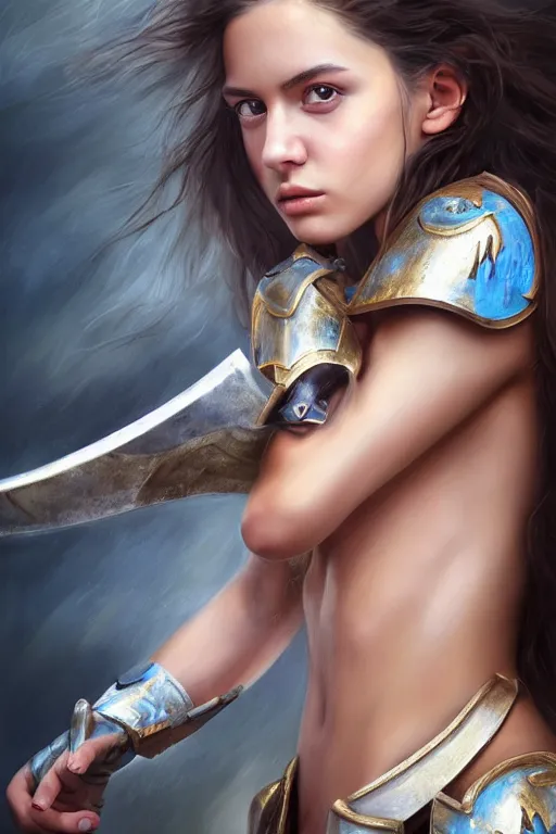 Image similar to a photorealistically painted portrait of an attractive young girl, partially clothed in battle armor, with an abstractly painted background, flawless olive skin, fair complexion, long dark hair, beautiful bone structure, perfectly symmetric facial features, perfect photorealistic eyes, natural physique, intricate, elegant, digital painting, concept art, finely detailed, beautifully illustrated, sharp focus, minimal artifacts, volumetric lighting, from Metal Gear, by Ruan Jia and Mandy Jurgens and Artgerm and William-Adolphe Bouguerea, in the style of Greg Rutkowski, trending on Artstation, award winning art