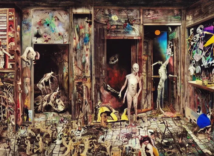 Image similar to animal riot in an art house feature film by alejandro jodorowsky, roger ballen and nobuyoshi araki : : exterior view, retro sci - fi, occult ritual : : triadic color scheme, dramatic lighting : : an oil painting in the style of francis bacon and adrian ghenie, 4 k