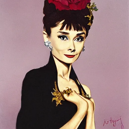 Image similar to an extremely detailed matte painting audrey hepburn as a powerfull sorceress in a resplendent black dress with gold and crimson trim and a long leg slit, in the style of magic the gathering, 8 k, sharp focus, detailed face, art by john collier and albert aublet and krenz cushart and artem demura and alphonse mucha