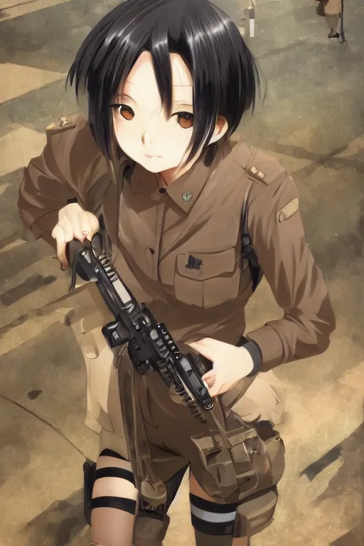 Image similar to anime girl with short black hair wearing military clothes at a train station in japan, aesthetic, wlop, digital painting, trending on artstation, highly detailed, epic composition, 8 k uhd