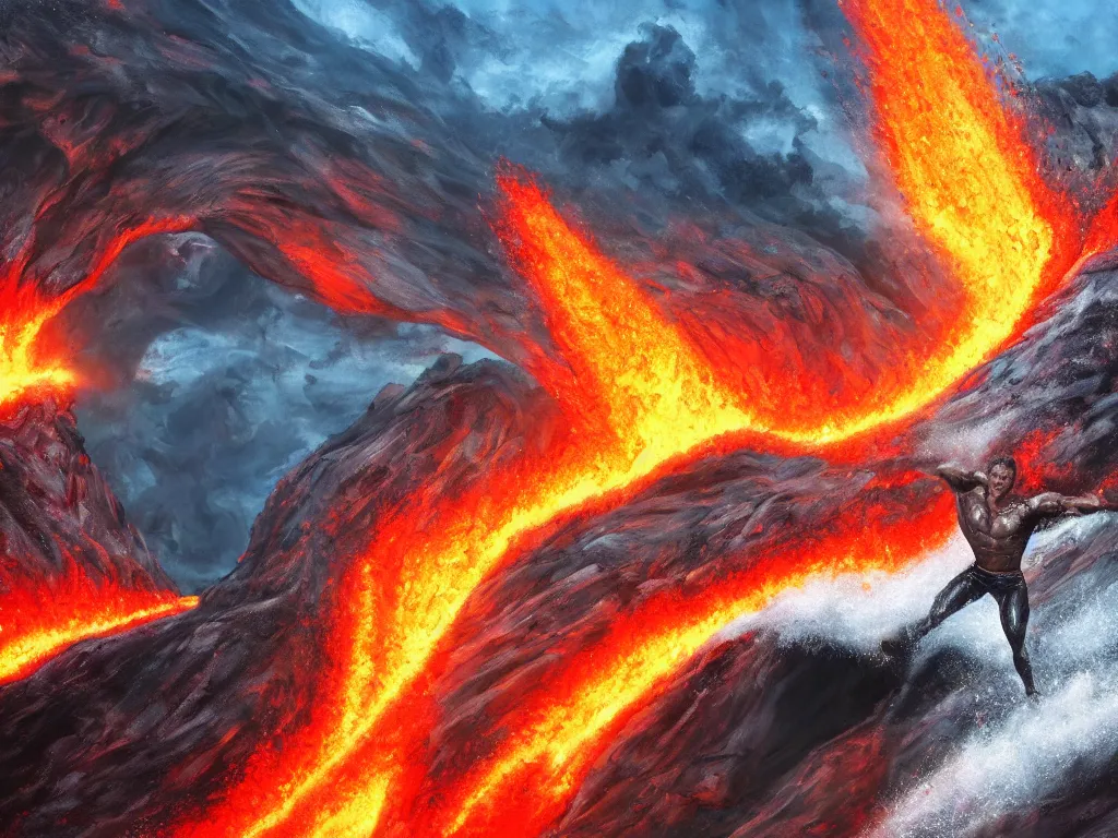 Prompt: arnold schwarzenegger surfing, lava, erupting volcano, muscular, stunning scene, 8 k, extremely detailed digital painting, depth, bright colors, trending on artstation