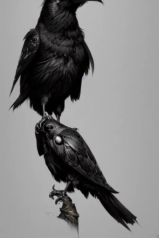 Prompt: painting of a raven, decorated, intricate, elegant, highly detailed, digital painting, artstation, concept art, smooth, sharp focus, illustration, art by artgerm and greg rutkowski and alphonse mucha, 8 k