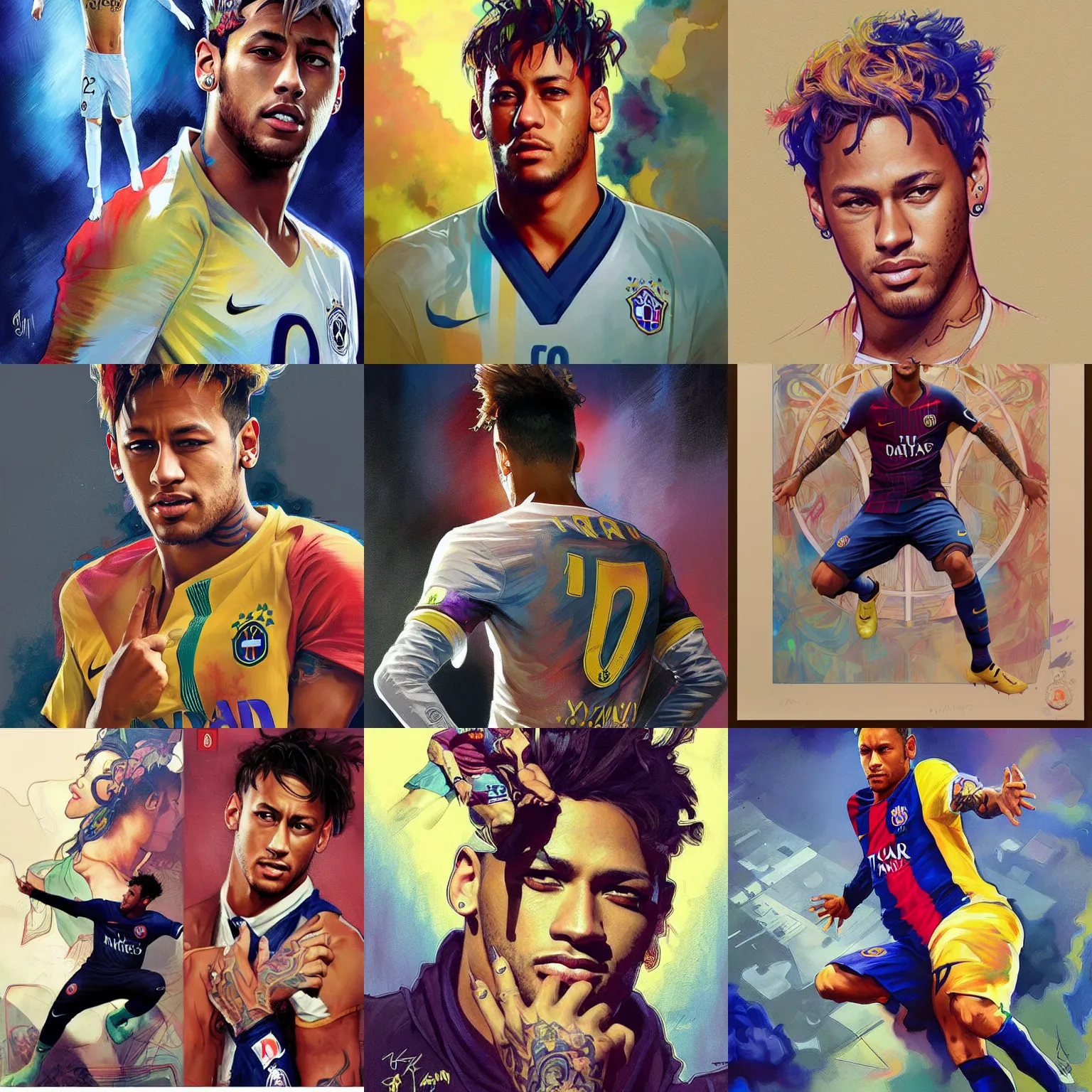 Prompt: Neymar Jr, art by Artgerm and Greg Rutkowski and Alphonse Mucha