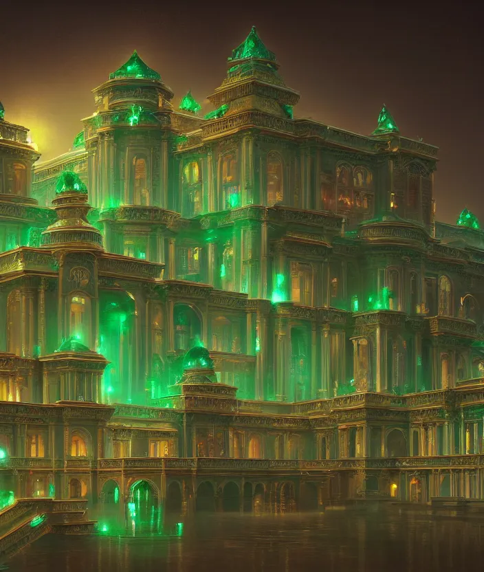 Prompt: a detailed digital painting of a palace made of gleaming emeralds, trending on artstation, digital art, 4 k resolution, detailed, beautiful render, octane render, high quality, sharp focus, hq artwork, coherent, insane detail, concept art