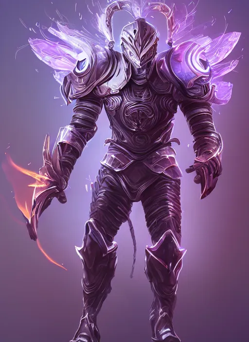 Image similar to a highly detailed illustration of futuristic cyber knight with flaming plume with arm blades, rigid bulky armor, glowing purple line cracks in armor, dramatic standing pose, intricate, elegant, highly detailed, centered, digital painting, artstation, concept art, smooth, sharp focus, league of legends concept art, WLOP