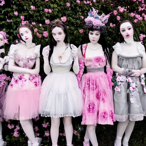 Image similar to renaissance, realistic, group of creepy young ladies pink cheeks wearing renaissance harajuku manga dress pale grey and white flowers, background chaotic flowers