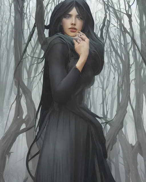 Image similar to elsa, winter, somber, sad, black dress, low light, foggy at dawn, sunlight visible through tree leaves, misty, magic, atmospheric art by artgerm and greg rutkowski and alphonse mucha and by artgerm, by studio muti, greg rutkowski makoto shinkai takashi takeuchi,