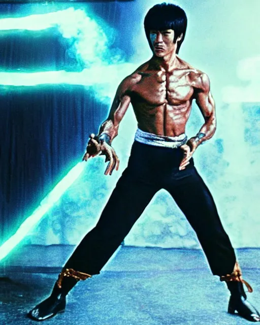 Image similar to bruce lee as kenshiro in live action fist of northstar movie, a bright glow surrounds his body, particle effects, hyperreal, post apocalyptic, mutants, martial arts, cinematic