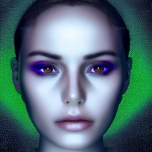 Prompt: Sentient AI female face green eyes