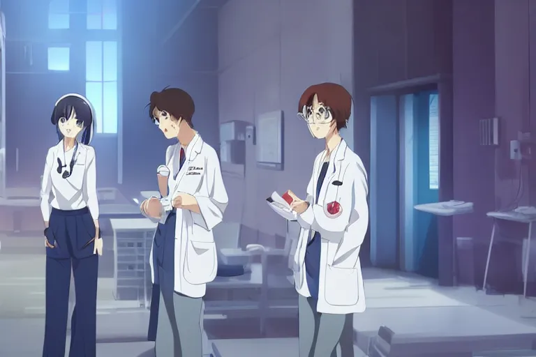 Image similar to a cute young female doctor wearing white coat are talking with an old surgeon in a hospital, slice of life anime, lighting, anime scenery by makoto shinkai