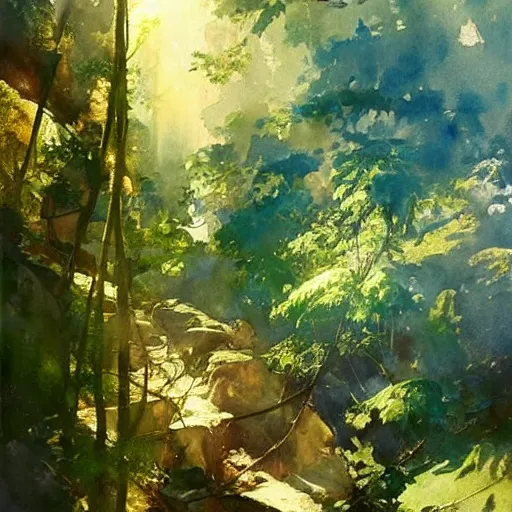 Prompt: abstract watercolor sunshine and rainbow into a steep jungle canyon valley, art by anders zorn, wonderful masterpiece by greg rutkowski, beautiful cinematic light, american romanticism by greg manchess, creation by tyler edlin