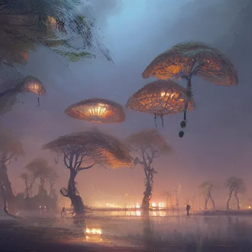 Image similar to Concept art, beautiful painting of a gingko tree, shining its light among lanterns, 8k, james gurney, greg rutkowski, john howe, artstation