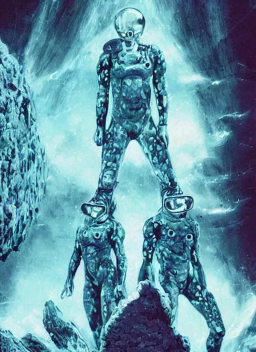 Image similar to astronauts divers in dark void underwater - complex and hyperdetailed technical suit design. reflection and dispersion materials. rays and dispersion of light. volumetric light. f / 3 2. noise film photo. flash photography. ultra realistic, 5 0 mm. poster by wayne barlowe, hajime sorayama aaron horkey, craig mullins