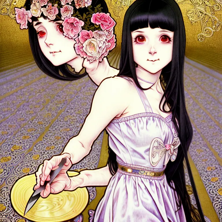 Image similar to portrait of a morbid 18 year old youth wearing a pretty little dress with straight silky black hair, in a butcher shop, holding a butcher knife, insanely and epically detailed high-quality small details, beautiful golden ratio, exquisitely detailed soft shadowig style, epic pencil illustration style, style of Range Murata and by Alphonse Mucha and by Katsuhiro Otomo.