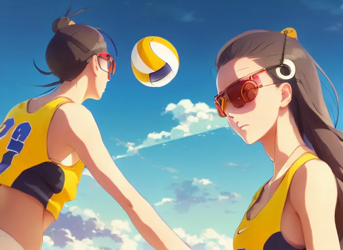 Prompt: side portrait of cute high school girl playing beach volley, sunny sky background stadium landscape illustration concept art anime key visual trending pixiv fanbox by wlop and greg rutkowski and makoto shinkai and studio ghibli and kyoto animation symmetrical facial features sports clothing futuristic yellow glasses nike shirt