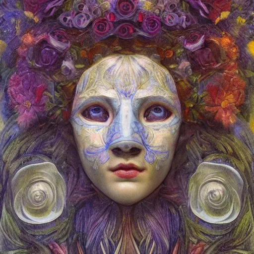 Image similar to masterpiece painting of a facemask made of stylized flowers, by annie swynnerton and jean delville and tino rodriguez, flower mask, symbolist, dramatic lighting, god rays, elaborate geometric ornament, clean crisp graphics, soft cool colors, smooth, sharp focus, extremely detailed