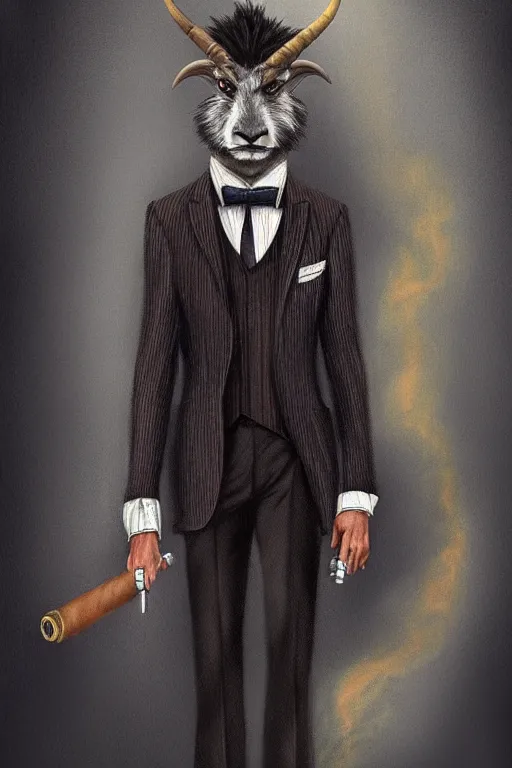 Image similar to beautiful portrait commission of a male furry anthro mountain goat wearing a pinstripe suit and waistcoat, smoking a cigar, award-winning, detailed, trending on artstation