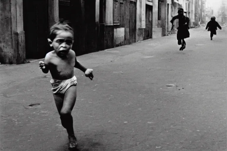 Image similar to A dirty child running down the street, decisive moment, anri cartier bresson