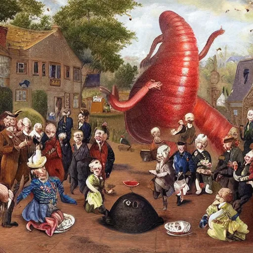 Image similar to a giant worm disrupting a tea party in england, painting, beautiful art,