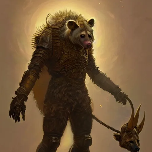 Prompt: a long shot photo of a humanoid hyena were a heroic armour an gold helmet in the forest, long hair, highly detailed, digital painting, artstation, smooth, sharp focus, illustration, art by artgerm and greg rutkowski and alphonse mucha