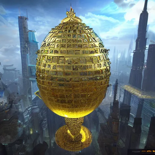 Image similar to enormous flying megapolis inside of a faberge egg, sky, steampunk, fantasy art, unreal engine