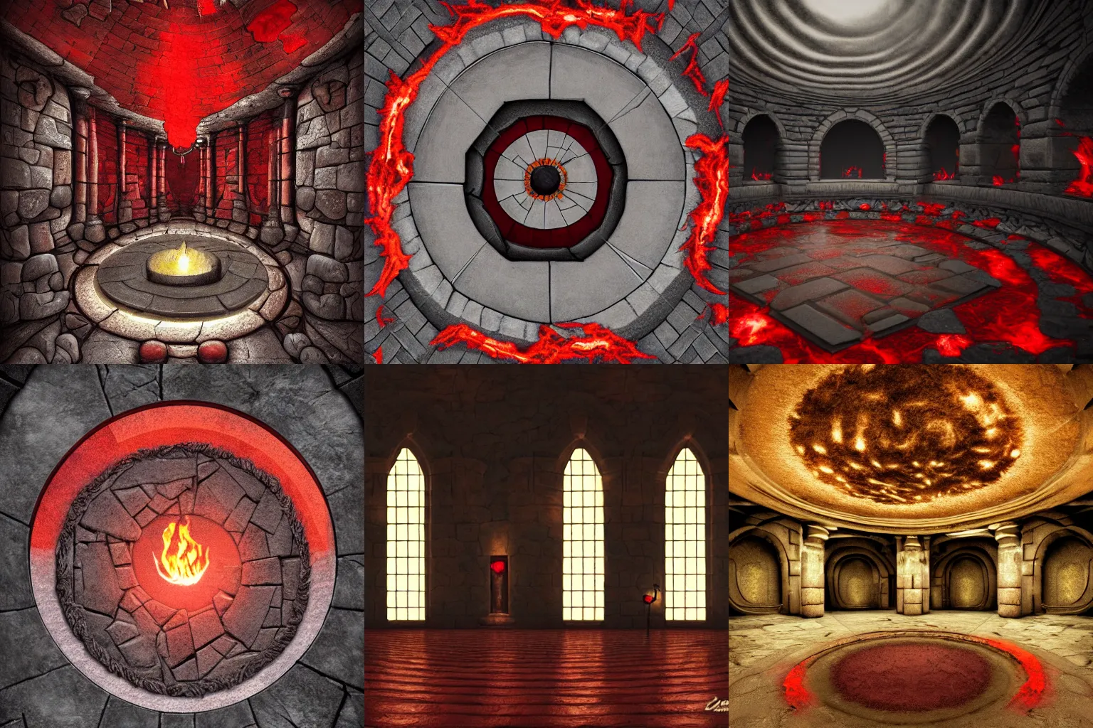 Prompt: Doom Chamber, stonework, dark, dark stone floor, round room, large room, black and red, flaming torches, flat floor, primeval fantasy, fantasy art, chamber