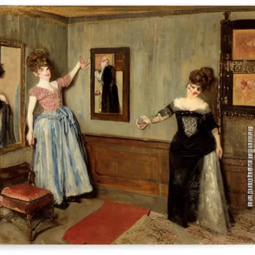 Image similar to theatre actress and factotum in the dressing rooms, by alfred stevens