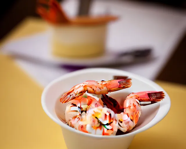 Image similar to dslr food photograph of an ice cream desert with shrimp on. 8 5 mm f 1. 4