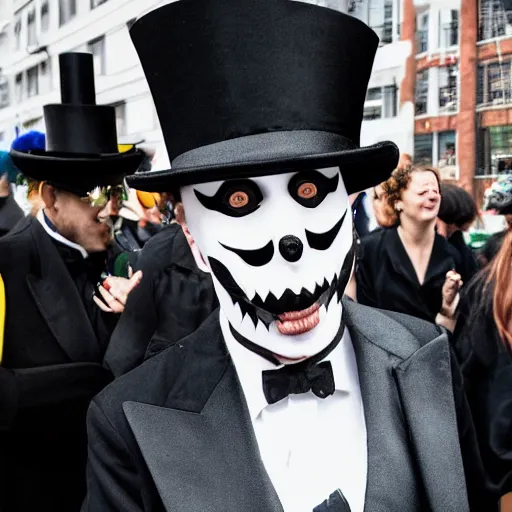 Image similar to The Babadook in black coat and top hat at a pride parade, photograph