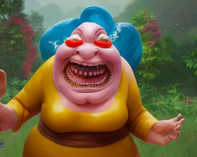 Prompt: of a very beautiful scene. ambient occlusion render. a sweet fat old woman is dancing with a huge colorful fish. hyper realistic. 4 k. wide angle. wild happiness. symmetrical face, red mouth, blue eyes. deep focus, lovely scene. ambient occlusion render. concept art. unreal engine.