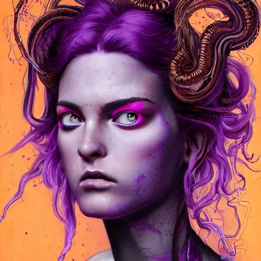 Image similar to detailed art portrait of a furious girl with think, hair-like purple tentacles on her head and bright purple eyes, 8k,by tristan eaton, Stanley Artgermm,Tom Bagshaw,Greg Rutkowski,Carne Griffiths,trending on DeviantArt, face enhance,hyper detailed ,full of colour,