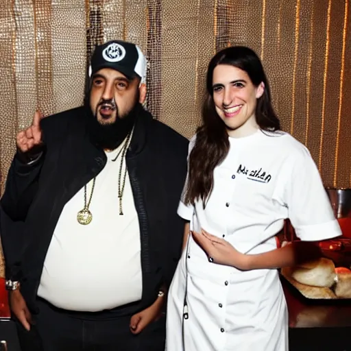 Prompt: hila klein from the h 3 podcast and dj khaled on an episode of hell's kitchen