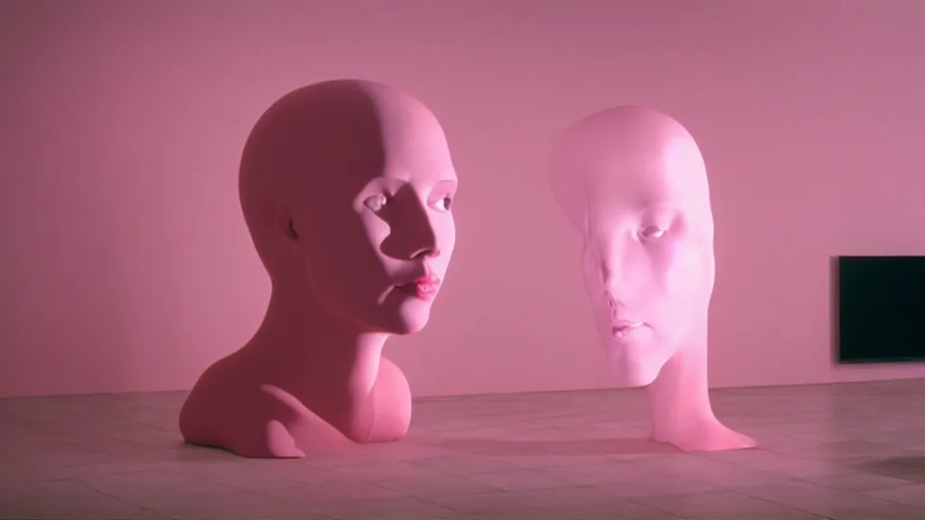 Prompt: a giant pink mannequin head in the middle of a living room, film still from the movie directed by denis villeneuve with art direction by zdzisław beksinski, wide lens