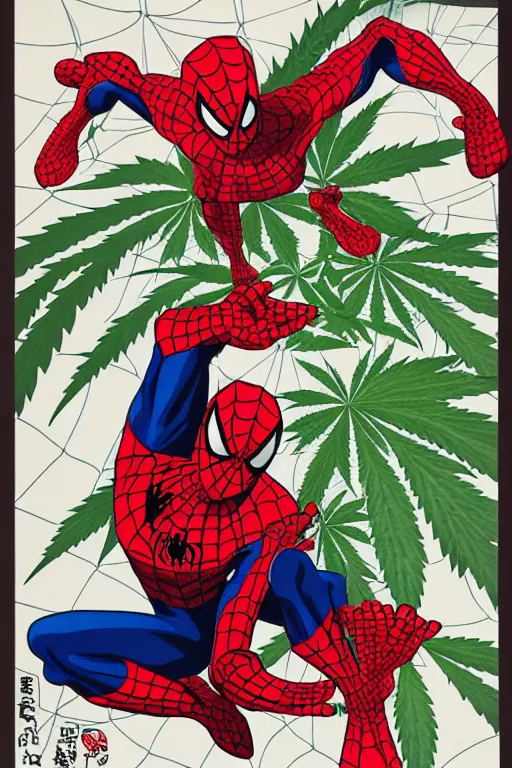 Image similar to chiba spiderman, surrounded by marijuana leaves