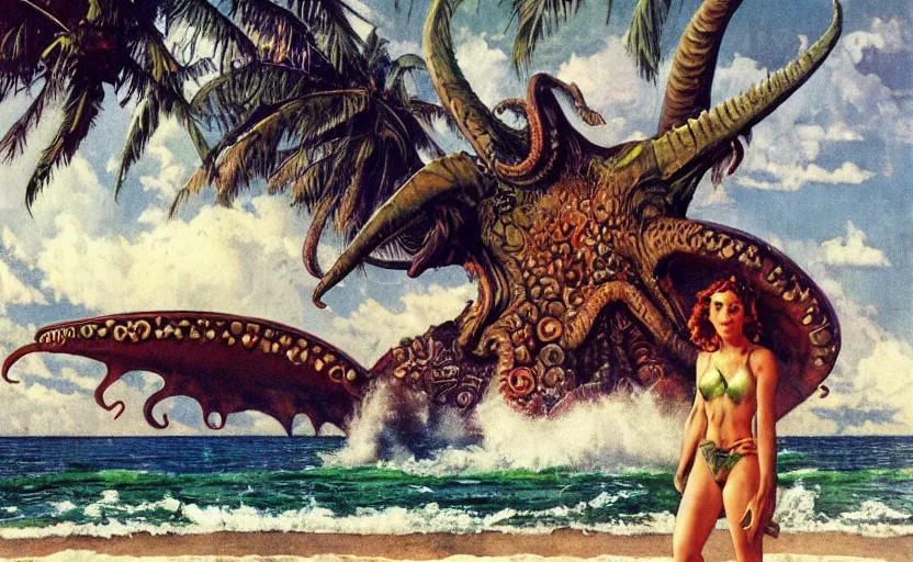 Image similar to cthulhu rising from the ocean by a tropical beach with palm trees. lovecraftian horror. highly detailed science fiction painting by norman rockwell, frank frazetta, and syd mead. rich colors, high contrast, gloomy atmosphere, dark background. trending on artstation