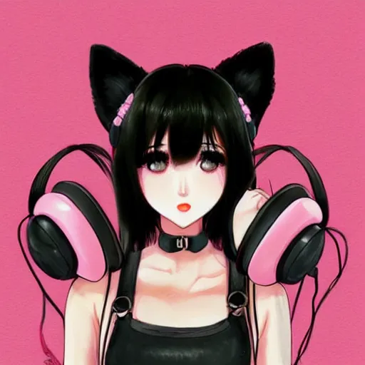 Image similar to realistic beautiful gorgeous buxom natural cute blushed shy girl Blackpink Lalisa Manoban black hair cute fur black cat ears, wearing white camisole, headphones, black leather choker artwork drawn full HD 4K highest quality in artstyle by professional artists WLOP, Taejune Kim, Guweiz on Pixiv Instagram Artstation