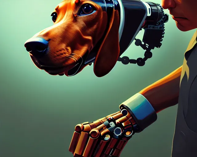 Image similar to completely mechanical robotic dachshund, hyper - realistic, gta v cover art, celshading, sharp focus, intricate, detailed, rhads, andreas rocha, makoto shinkai, lois van baarle, ilya kuvshinov, greg rutkowski, dynamic lighting, grunge aesthetic, 4 k