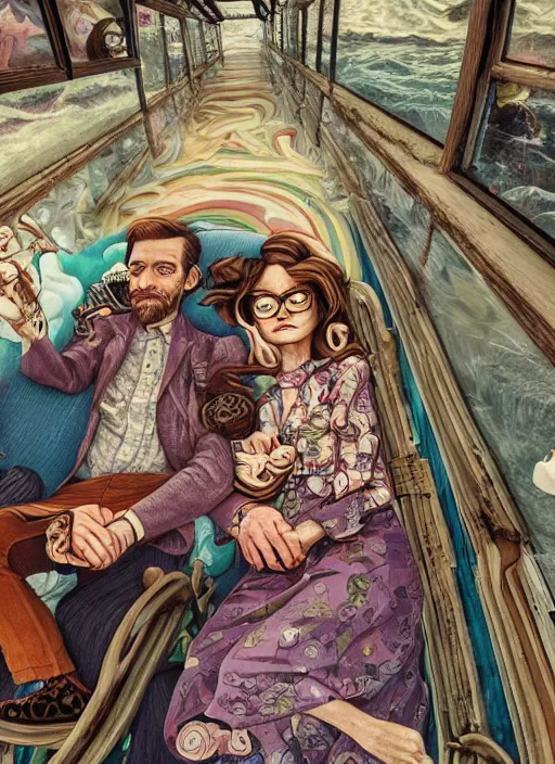 Image similar to detailed colourful masterpiece of photography by anne leibovitz couple portrait sat down extreme closeup, love, inside an underwater train, detailed realistic expressions, wearing unusual clothes, by mcbess, ultra wide angle