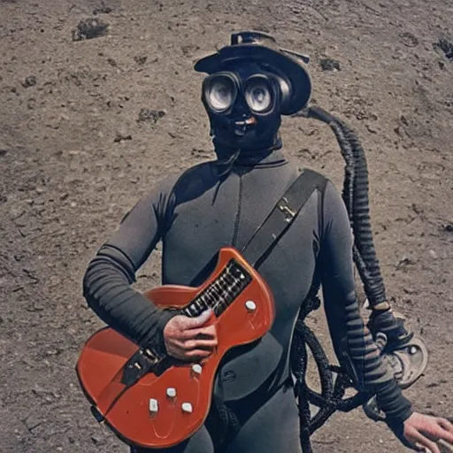 Image similar to photo of a diver wearing an old diving suit holding an electric guitar. detailed. colorized