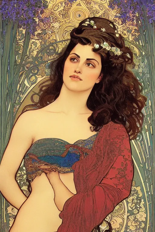 Image similar to portrait of monica belucci from the movie malena, artwork by alphonse mucha