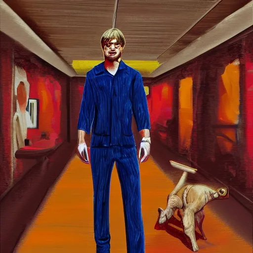 Image similar to jeffrey dahmer using gucci inmate clothes in catwalk court, oil painting, ultradetailed, digital painting, ultradetailed