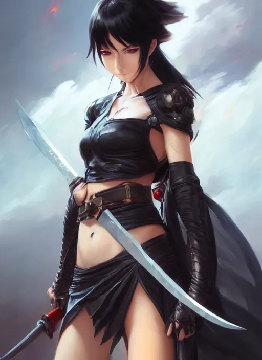 Prompt: Portrait of Anime girl with black hair, she is carrying a burning sword with two hands, wearing metal armor around her chest and waist, realistic, detailed, 4k by Greg Rutkowski Mark Arian trending on artstation