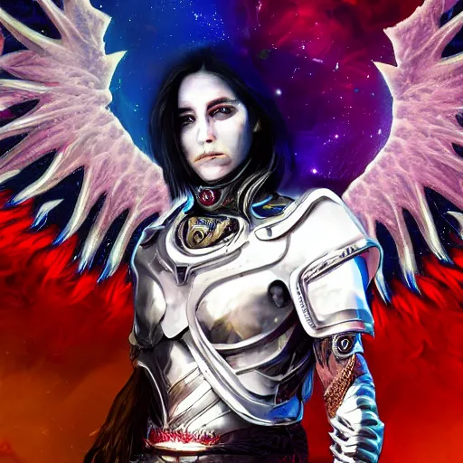 Prompt: psychedelic fantasy character art hyperrealism, white armor, black armor, caucasian, native american, european, asian, australian, brown hair with red and blue highlights, in a cinematic wallpaper, glitch effects, dissolve effects, noise, halo / nimbus, devils horns, angel wings, raven wings, hdr 8 k dop dof