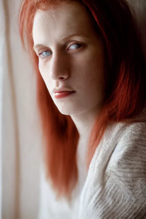 Prompt: face portrait, white woman, 22 years old, thin, center parting straight red hair, snub nose, small lips, in the morning, ambient light, by Annie Leibovitz, f/1.4