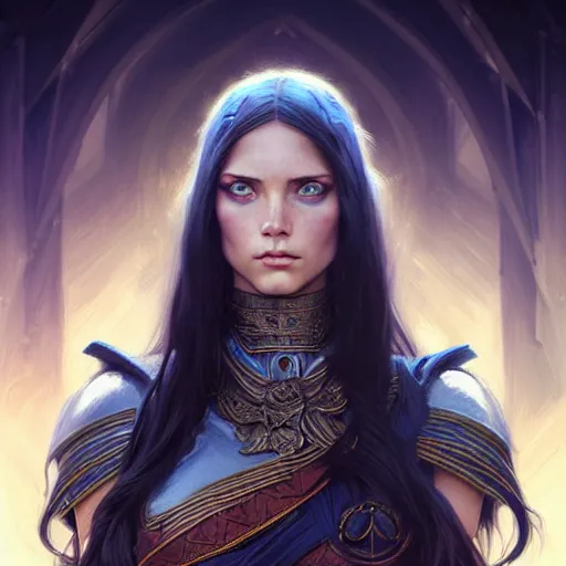 Prompt: Portrait of female warrior, D&D, blue eyes, face, long black hair, fantasy, intricate, elegant, highly detailed, digital painting, artstation, concept art, smooth, sharp focus, illustration, art by artgerm and greg rutkowski and alphonse mucha