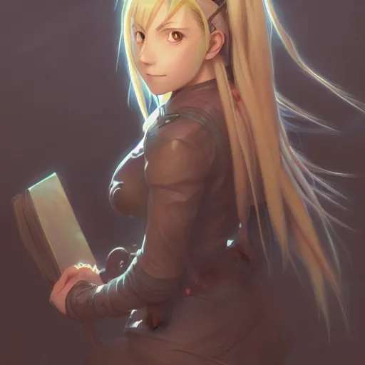 Image similar to Winry Rockbell from Fullmetal Alchemist, fantasy, intricate, elegant, highly detailed, digital painting, artstation, concept art, matte, sharp focus, illustration, art by Artgerm and Greg Rutkowski and Alphonse Mucha